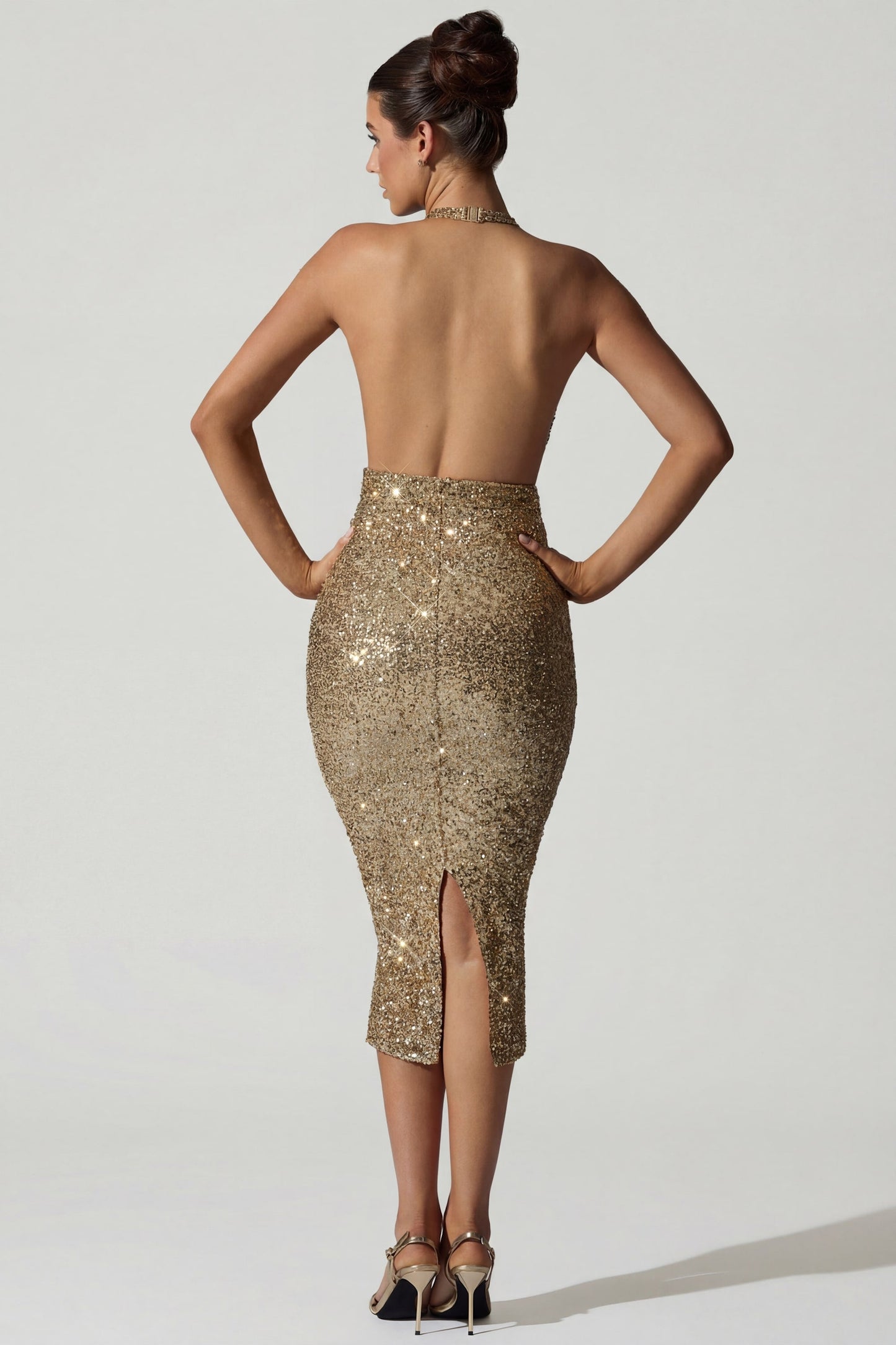 Embellished Cut-Out Open-Back Midaxi Dress in Gold